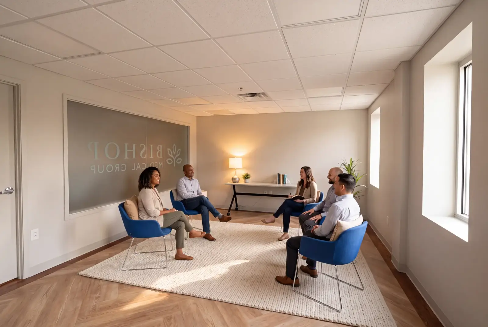 The group therapy room at Bishop Health in South Portland