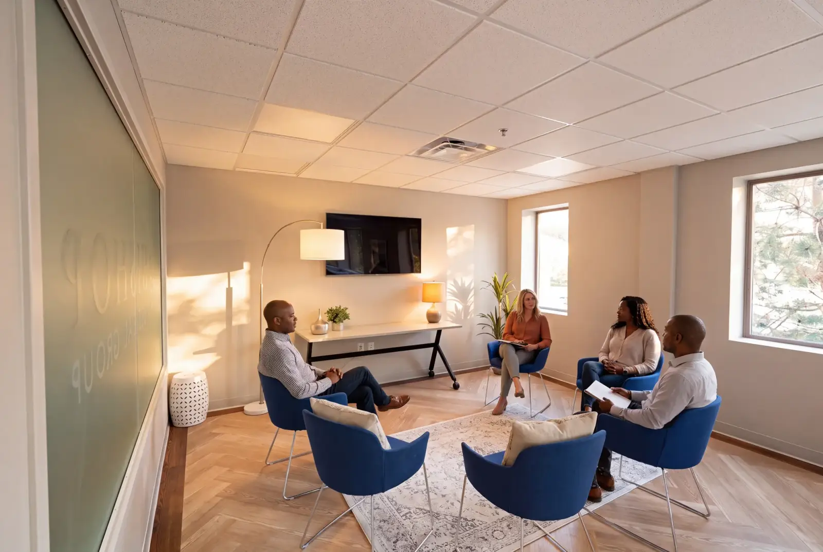 The group therapy room at Bishop Health behind frosted glass