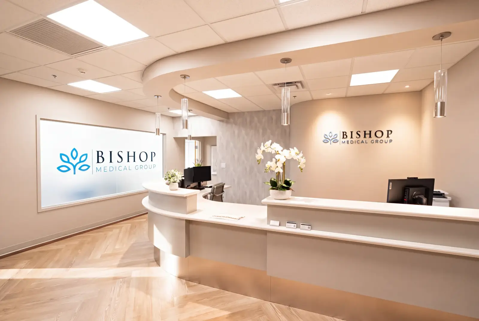 The Bishop Health reception lobby and brand wall in South Portland